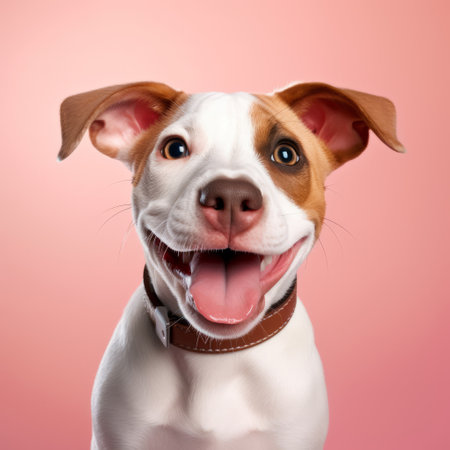a smiling happy puppy sits in front of a vibrant pink background, captured in the style of vray tracing. the photo showcases lively facial expressions and features a combination of light blue and orange hues. rendered in maya using the laowa 100mm f/2.8 2x ultra macro apo lens, the image exhibits jump cuts and a playful atmosphere. ai generatedの素材