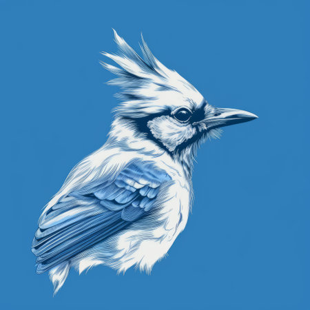 jaybird portrait by nilsa tveit, featuring a sky-blue and white monochromatic graphic design. this wildlife art piece has a satirical twist, inspired by the works of ary scheffer. the flat illustrations and realistic color schemes, reminiscent of serge marshennikov's style, bring this unique portrait to life. ai generatedの素材