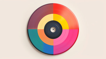 a rainbow vinyl disc, inspired by the graphic design style of emiliano ponzi, is depicted in this 3d illustration. isolated on a white background, the artwork showcases a warm color palette reminiscent of carl kleiner's work. the broad palette knife marks add a unique touch, while the humorous tone is reminiscent of andreas levers' illustrations. ai generatedの素材