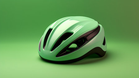 3d cyclist helmet with sunglasses, showcasing a sleek design and innovative techniques. the helmet is placed against a vibrant green background, adding a pop of color. the highly polished surfaces and realistic rendering create a visually appealing image. the combination of light green and black adds a touch of sophistication to the overall aesthetic. ai generatedの素材