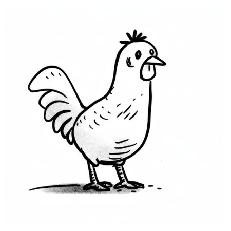 a cartoon chicken, with reductionist form and quirky character design, stands on the ground in this monochromatic image. the white background enhances the graphic novel sketch style, while the infusion of social commentary adds depth to the artwork. this creative commons attribution image showcases a unique and thought-provoking depiction of a chicken. ai generatedの素材