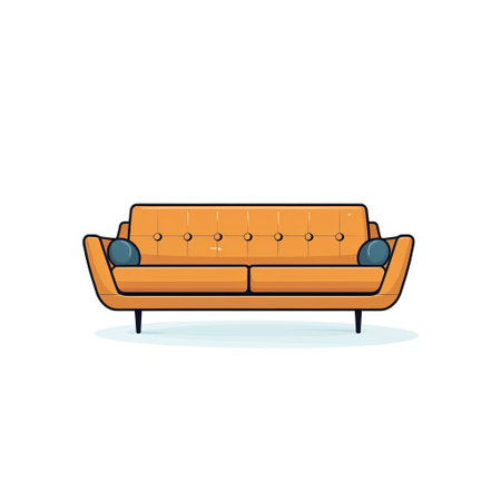 an orange sofa vector illustration featuring charming character illustrations in a playful cartoon style. the sofa is depicted in dark teal and light brown colors, with linear illustrations. the overall design includes light yellow and black accents, creating a visually appealing and vibrant composition. ai generatedの素材