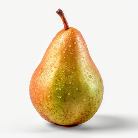 a realistic and hyper-detailed rendering of a pear with water droplets on it. this uhd image showcases the full body of the pear, with a light crimson and orange color. the clean and streamlined design by stanley pinker highlights the thick texture of the pear, creating a visually captivating and lifelike representation. ai generatedの素材