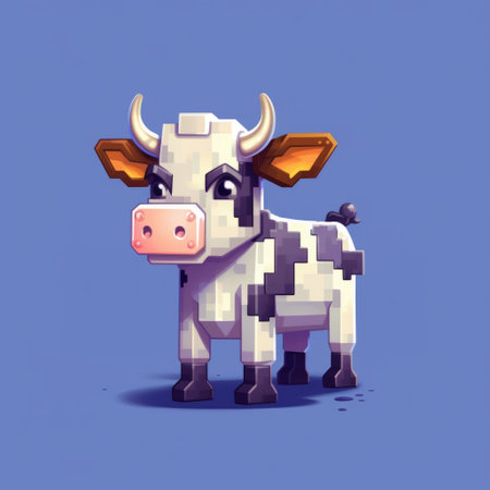 a pixel cow, depicted in a brushwork exploration style, stands on a vibrant blue background. this detailed character illustration showcases the unique combination of pixel art and artistic brush strokes, resulting in a visually captivating image. ai generatedの素材