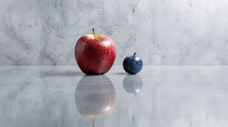 red apple on marble floor with two additional red apples and a small black apple in the background. this abstract concept showcases a minimalist design in indigo and gray tones, captured in high definition. the image features a danish design aesthetic, with a color palette of light violet and dark azure. shot with a konica big mini camera, this contemporary photograph explores the contrast betweenの素材