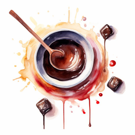 a watercolor illustration of a chocolate hot drink with a spoon and sauce, created in an energetic and dynamic style. the composition features melting pots and an eye-catching combination of red and brown. this action painter's illustration is visually captivating and attention-grabbing. ai generatedの素材