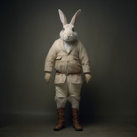 a rabbit wearing an orange suit and brown boots stands upright, resembling the hyperrealistic wildlife portraits of marc lagrange. the monochromatic white figure, reminiscent of august sander's style, adds a touch of elegance. the fanciful costume design, reminiscent of mike campau's work, transports us to a whimsical world. this unique photograph captures the essence of 1000-1400 ce. ai generatedの素材