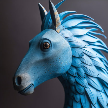 a blue paper sculpture of a horse with feathers, captured in the style of macro photography. this detailed character design by naoto hattori showcases the intricate craftsmanship of spray painted, dark sky-blue and gray hues. the close-up shots highlight the intricacies of the carved animal figures, creating a visually captivating piece. ai generatedの素材