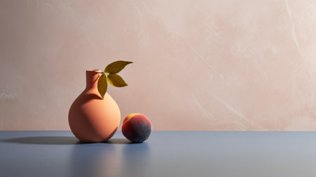 an orange vase with an orange peach sits atop a soft beige wall. rendered in cinema4d, this artwork showcases dark azure and pink hues, incorporating primitivist elements. vray tracing enhances the visual appeal, while asymmetrical balance adds an intriguing touch. this experimental pottery piece by carl kleiner is a captivating fusion of colors and textures. ai generatedの素材