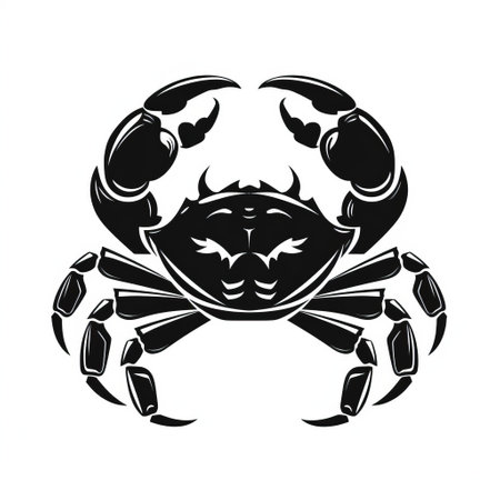 a crab icon, resembling an exquisite black and white engraving, is boldly drawn on a white background. the icon features a strong facial expression and is reminiscent of luxurious wall hangings and intricate carvings. the use of luminous shadowing adds depth to the symmetrical composition of the design. ai generatedの素材