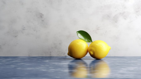 two lemons, photobashed onto a marble plate, showcase conceptual simplicity and visual harmony. the ray tracing technique enhances the azure backdrop, creating a polished concrete effect. this composition subtly highlights environmentalism through the use of natural elements, merging the keywords: lemons, marble plate, photobashing, conceptual simplicity, ray tracing, azure, environmentalism, visual harmony, and polished concrete. ai generatedの素材