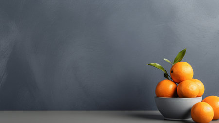 three tangerines in a bowl on a table, set against a grainy background. the image showcases a unique blend of styles, including rendered in unreal engine, grey academia, polished concrete, neo-geo minimalism, vibrant stage backdrops, minimalist spare simplicity, and dark gray tones. ai generatedの素材