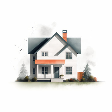 a white home surrounded by trees stands out against a white background in this light orange and dark gray watercolor illustration. with post-processing techniques, the image showcases expressive character design and precise, sharp details. the clean and simple designs are enhanced by a soft focus lens, creating a captivating visual. ai generatedの素材