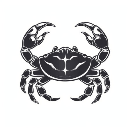 a black crab silhouette with bold graphic elements and a strong facial expression. the image is captured in a lith printing style, featuring contrasting dark white and light gray tones. the intricate details of the crab's carving and sleek form are showcased against a backdrop of marine views. ai generatedの素材