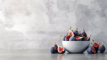 a bowl of fresh figs, still attached to their vibrant green leaves, is elegantly placed on a sleek gray table. this photorealistic image captures the essence of minimalist backgrounds, with its polished concrete surface in light gray and indigo hues. created by the talented artist caras ionut, this uhd image showcases the beauty of figs through physically based rendering techniques. ai generatedの素材