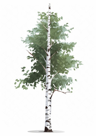 a stock illustration of a birch tree, created in the style of isaac levitan. the illustration features a vector image with dark white and light green colors, showcasing realistic watercolor effects. the design incorporates light maroon and white tones, giving it a distinctive character. the artwork skillfully combines natural and man-made elements, resulting in a captivating illustration. ai generatedの素材