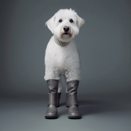 white dog wearing gray booties on a gray background. this studio portrait, inspired by the style of wim wenders, features high-key lighting and a matte finish. the image captures the essence of frostpunk and grayson perry, with a touch of jonathan wolstenholme's artistic flair. ai generatedの素材