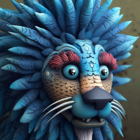 the blue lion portrait showcases a 3d graphic representation of a majestic lion with stunning hair. inspired by folk art illustrations, this playful character design is rendered using cinema4d. the artwork also features exotic birds, reminiscent of children's book illustrations. additionally, the use of focus stacking enhances the intricate details of this unique piece. ai generatedの素材