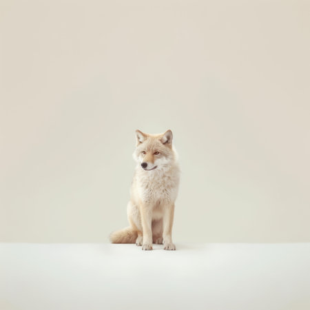 a single fox stands on a piece of paper in this minimal retouching style photograph. the light beige and light amber tones create a serene atmosphere, reminiscent of japanese photography. the realistic animal portrait showcases the fox's beauty, while bold color blocks add a touch of modernity. captured with 20 megapixels, this image features simplified dog figures for a unique artistic touch. ai generatedの素材