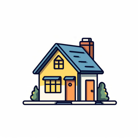 house icon with a colorful background, featuring bold and cartoonish lines. the precise line work creates a clean and sharp inking effect. the navy and amber color scheme adds vibrancy to the villagecore style. this everyday life depiction is perfect for animated gifs. ai generatedの素材
