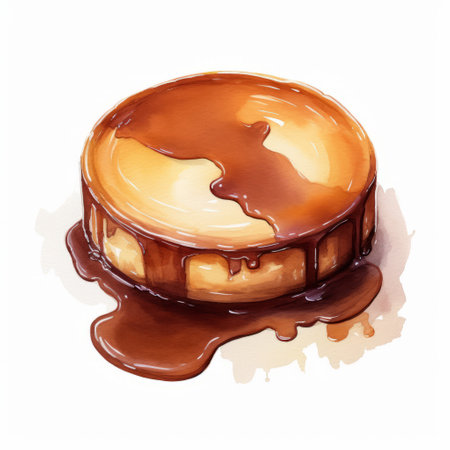 a watercolor sketch of a pie, resembling 2d game art, showcases a dark brown and amber color palette. the pie appears smooth and shiny, evoking a sense of deliciousness. the artist's style is reminiscent of hyper-realistic animal illustrations, similar to the works of patrick brown. this captivating image can be found on flickr. ai generatedの素材