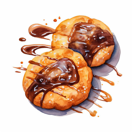 two pastry and chocolate sauces are depicted in this image, created in the style of realistic watercolors. the sauces are presented in a crumpled, snailcore arrangement, with an aerial view perspective. the iconic, rounded shapes of the sauces are beautifully captured using tempera paint. ai generatedの素材