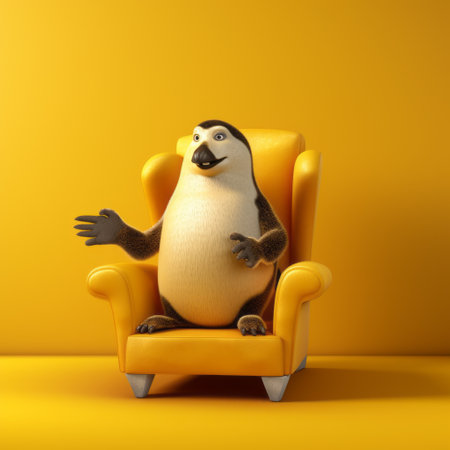 a cute cartoon penguin, rendered in cinema4d, sits on a yellow chair. this hyperrealistic marine life artwork by bill gekas showcases the penguin's relatable personality and lively movement portrayal. with animated exuberance, the penguin adds a touch of charm to any space. ai generatedの素材
