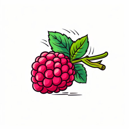 a vibrant animated illustration of raspberries with green leaves on a white background. the bold lines and vibrant colors, including dark magenta and light cyan, bring the image to life. the lively action poses and scientific illustration style make it reminiscent of animated gifs and classic tattoo motifs. ai generatedの素材
