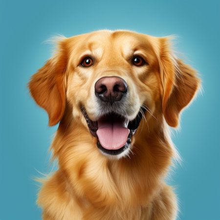 golden retriever dog portrait with tongue out, captured in a hyper-detailed and realistic style. the photo showcases the dog's character and charm against a vibrant blue background. shot in 8k resolution using a graflex speed graphic camera, the image features a smooth and polished look with a thick texture. the color palette includes light teal and light red tones, adding to the overall visual appeal.の素材
