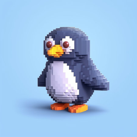 a pixel penguin named peter is depicted in this redrawn cartoon, showcasing the style of voxel art. the illustration by ruslan lobanov features realistic and detailed rendering, with soft and rounded forms. the use of angular simplicity and soft gradients adds depth to the image, while high-speed sync enhances its overall appeal. ai generatedの素材
