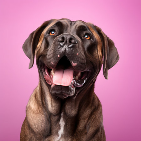 a smiling puppy is captured in a portrait on a vibrant pink background. the high-energy imagery showcases the dog's joyful expression. the dark brown and pink color combination adds to the bold and colorful nature of the photo. the large format lens captures the puppy's voluminous mass, while the dignified poses create handsome and captivating portraits. ai generatedの素材