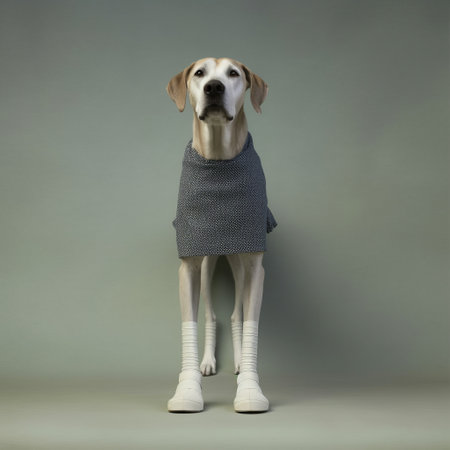 a white dog wearing a knit sweater sits on the grass, with a green backdrop, reminiscent of the style of william wegman. this conceptual portrait captures the essence of antony gormley's work, with a touch of indigo and gray. the studio portrait, resembling an associated press photo, showcases the dog's elegance in its stylish clothing. ai generatedの素材