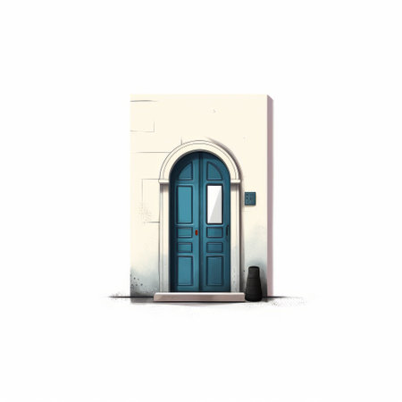 blue door illustration in black and white, featuring a shaped canvas style. this simple yet colorful artwork showcases a minimalist set with a mediterranean-inspired vibe. the street art figuratives and matte photo finish add depth to this high-definition image. ai generatedの素材