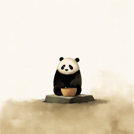 a panda and panda bowl are depicted in this artwork, inspired by the styles of emiliano ponzi, andy kehoe, and andreas rocha. the watercolor painting showcases a sensitivity to the natural world, with thick brushstrokes adding texture. the unique twist is that both the panda and the bowl are made entirely of cheese. ai generatedの素材