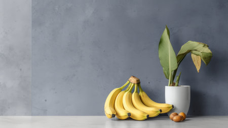 bananas arranged in a white vase and a plant placed on a grey wall. this photo captures an iconic, consumer culture critique, rendered in maya. the elaborate fruit arrangements add a touch of creativity to the scene. the image, reminiscent of uniformly staged images, showcases the polished concrete background, creating a visually appealing composition. ai generatedの素材