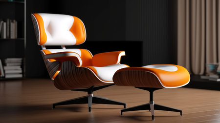 eames era chair in a design style featuring a photorealistic rendering. the chair showcases a captivating combination of dark white and orange hues, creating a striking visual contrast. with texture-rich surfaces and meticulous design, this daz3d creation exudes a vibrant energy. the color splash adds an extra touch of allure to this stunning piece. ai generatedの素材