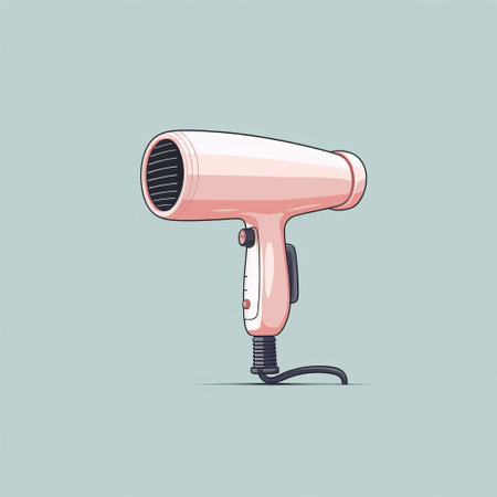an electric flat linear style hair dryer on a blue background, featuring a detailed character design. the hair dryer is colorized in light pink and light gray, creating a minimalist painterly effect. this high-resolution illustration showcases the sleek and modern design of the hair dryer. ai generatedの素材