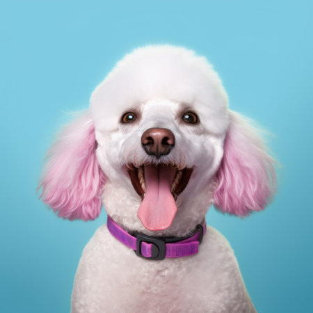 white poodle with blue collar on blue background. minimalist portraits in light pink and dark magenta. lively facial expressions captured with hasselblad hc 100mm f22. playful character designs with vibrant color gradients and hyper-realistic details. ai generatedの素材