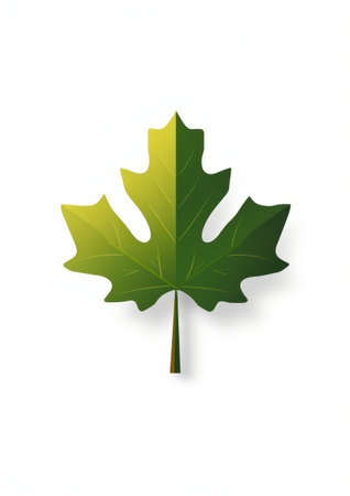 a green maple leaf, in the style of a minimalist illustrator, is isolated on a white background. this colorful woodcarving showcases a realistic portrayal of light and shadow. the simplistic vector art captures the essence of engineering construction and design, with a symmetrical and matte background. ai generatedの素材