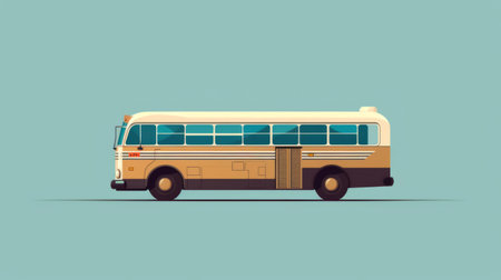 a retro colored bus with wooden wheels is showcased on a vibrant blue background. the design of the bus, reminiscent of adrian tomine's style, features a combination of dark beige and light amber hues. the streamlined and clean aesthetic, inspired by artists like yanjun cheng and maynard dixon, is captured in this 32k uhd photograph. ai generatedの素材