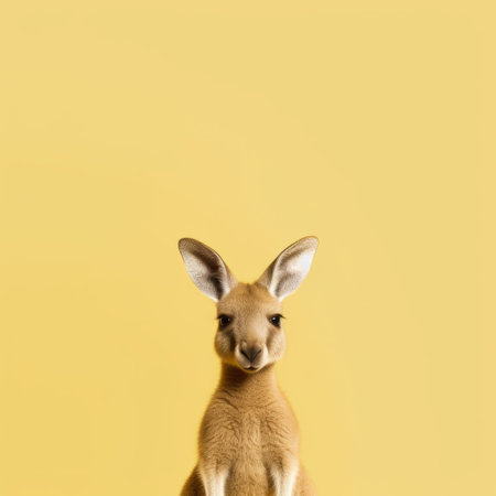 a kangaroo stands erect on a yellow background in this minimalistic portrait. the focus stacking technique enhances the cute and dreamy atmosphere, while the symmetrical composition adds to the overall aesthetic. captured from a birds-eye-view, this macro photograph showcases the photorealistic composition of the kangaroo. ai generatedの素材