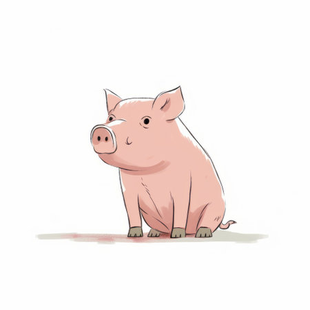 a cartoon pig illustration in the style of minimalist ink wash, featuring realistic usage of light and color. this editorial illustration showcases rough-edged 2d animation with a dark pink and light beige color palette. perfect for children's book illustrations, the minimalist strokes add a unique touch to this charming pig character. ai generatedの素材