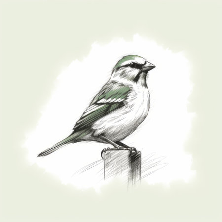 a small green bird is depicted in this realistic illustration, perched on a tree stump. the style of the artwork resembles that of a portrait painter, with trace monotone, light white, and dark green colors. the illustration showcases classical proportions and concise brushwork techniques. ai generatedの素材