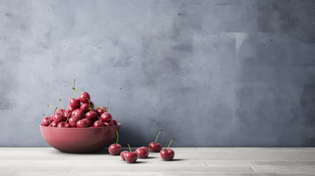 a bowl of cherries sits on a sleek metallic finish concrete wall, creating a visually striking image. the cherries, in shades of crimson, contrast beautifully against the gray backdrop. this high-quality uhd image, rendered in the style of octane render, showcases the eco-friendly craftsmanship and high tonal range, resulting in a captivating and representational composition. ai generatedの素材