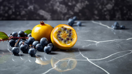 two passion fruit and a grape are beautifully arranged on a luxurious dark blue and gray marble countertop. the organic geometries of the fruits contrast with the cranberrycore, creating a visually stunning composition. the wet-on-wet blending technique enhances the natural and man-made elements, resulting in a captivating and artistic photograph. ai generatedの素材