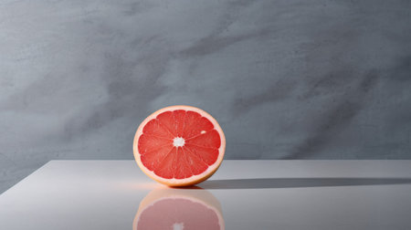 a large fruit, in the style of conceptual minimalism, is featured in the background of this backlit photography. the fruit is light red and light gray, creating a paleocore aesthetic. the reflective surfaces add depth to the commercial imagery, while the composition maintains a classical balance. ai generatedの素材