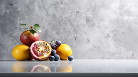 a vibrant arrangement of blueberries, strawberries, and passionfruit is showcased on a table top, set against a clean white background. the composition resembles a marble sculpture, with hints of dark silver and yellow tones. captured in 32k uhd, the image exudes a harmonious blend of light crimson and gray shades. this photograph beautifully combines natural and man-made elements, resulting in a visually striking display ofの素材