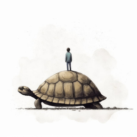 a young man stands atop an ancient turtle in this realistic watercolor artwork. the childlike illustrations capture a minimalist style, with shades of gray and brown. the humanistic empathy portrayed in the image evokes a sense of connection between animals and people. shot with a konica big mini camera, this captivating composition merges nature and humanity seamlessly. ai generatedの素材