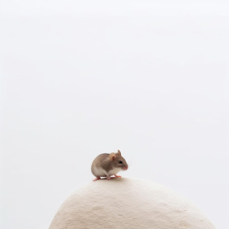 a small mouse perches inside an eggshell, creating a whimsical scene against a clean white backdrop. this gravity-defying composition combines elements of color field minimalism and dreamlike installations. the image captures the essence of himalayan art with its serene and contemplative atmosphere. the use of concrete and the contrasting light brown and white tones add depth and texture to the overall aesthetic. ai generatedの素材