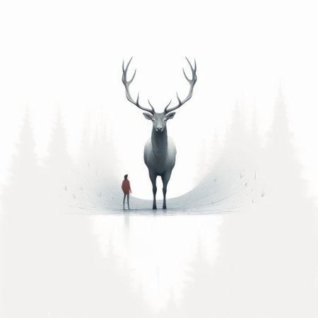 a person stands beside a deer as someone emerges from the woods in this realistic yet surrealistic photograph. the image features minimalistic symmetry, with a play of light in white and red tones. hyper-realistic animal illustrations are incorporated, showcasing chilling creatures made of mist. the overall effect is enhanced by the gigantic scale of the elements captured. ai generatedの素材